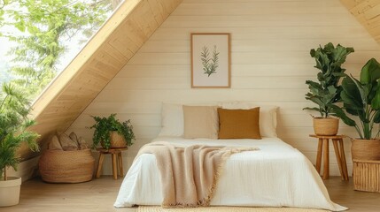 A cozy, minimalist bedroom featuring a bed with soft linens, plants, and natural light filtering through sloped wooden walls.