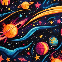 Colorful Space Background with Planets and Stars in Bright Style