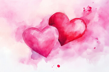 Watercolor painting of two red hearts with soft pink abstract splashes, symbolizing love, romance, and passion, perfect for Valentine’s Day, wedding invitations, and greeting cards