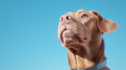 Dog looking up at clear sky. Possible use pet portrait