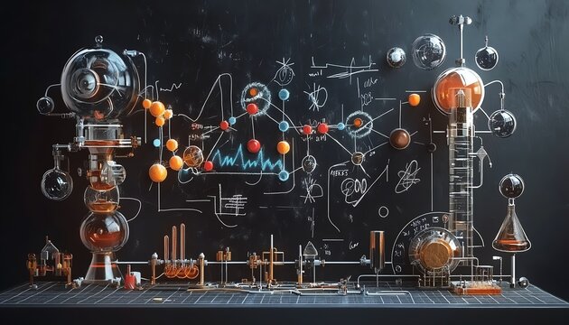Generative AIinspired 3D rendering of scientific and educational diagrams on a chalkboard background, depicting creative education concepts, detailed formulas, and illustrations