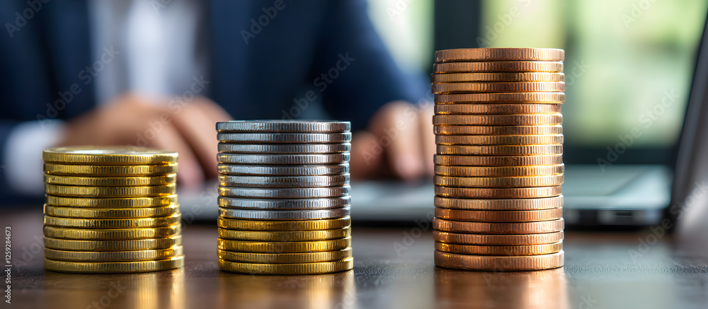 Poster a stack of coins on a table with a person typing on a laptop