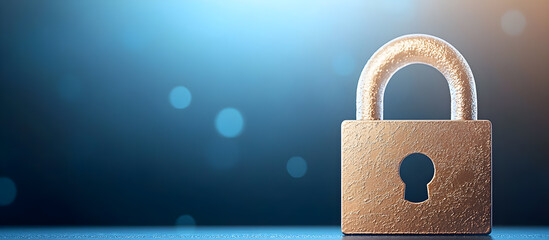 A gold colored lock with a keyhole sits on a blue background