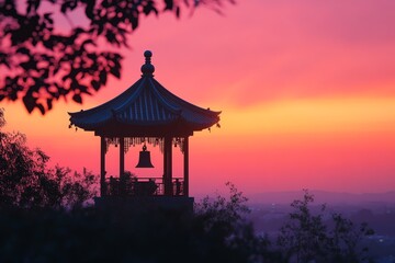 Fototapeta premium Sunset Pagoda, Hilltop View, Peaceful Evening, Cityscape