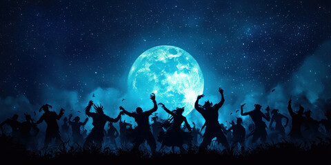 dramatic scene of vampires dancing under starry night sky, illuminated by full moon, creates eerie yet captivating atmosphere