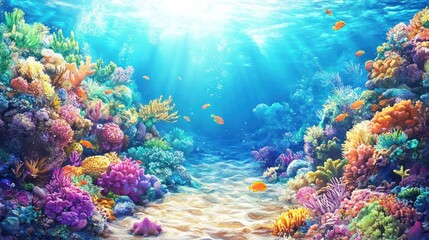 Fototapeta premium Vibrant Coral Reef Underwater Scene with Colorful Marine Life