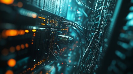 Computer components and lights in the background. A room with wires and cables to switch internet to a server. A fiber data center with optical network and equipment. Background lifestyle lights and.