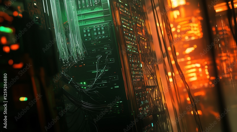 Poster computer components and lights in the background. a room with wires and cables to switch internet to