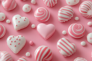 Fototapeta premium Pink and white heart-shaped macarons and candies with decorative patterns on a soft pastel background, perfect for Valentine’s Day, romantic themes, and sweet dessert styling