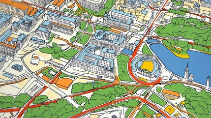 Detailed aerial map showcasing urban layout and parks