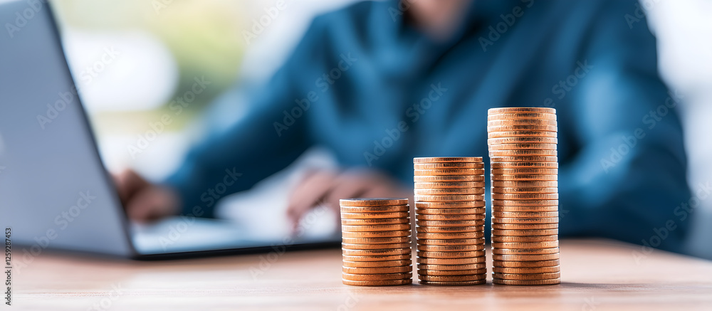 Poster a stack of coins is on a table next to a laptop