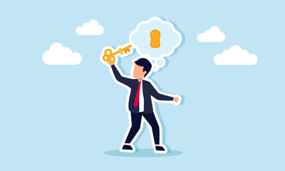 Businessman intends to insert a key into a keyhole in his imagination, illustration of the key or solution to business problems