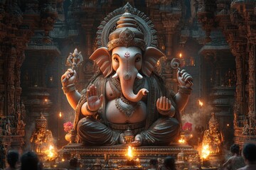 Fototapeta premium Ganesha Temple Statue, Worship, Candles, India, Spirituality