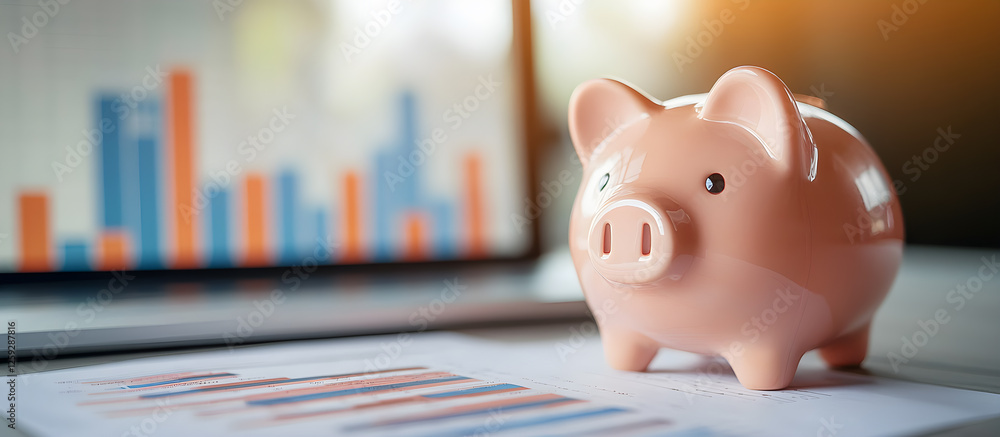 Poster a piggy bank sits on a table next to a laptop displaying graphs