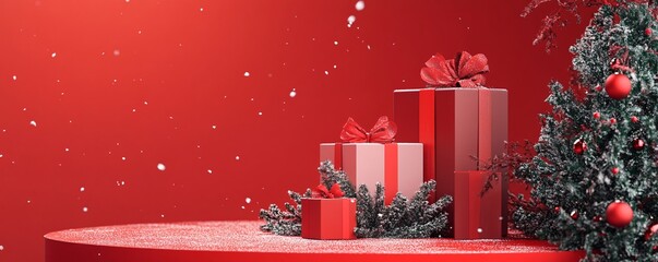Christmas presents falling snow red background 3d render