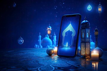 phone with ramadan elements around in blue tone, realistic image with generative ai