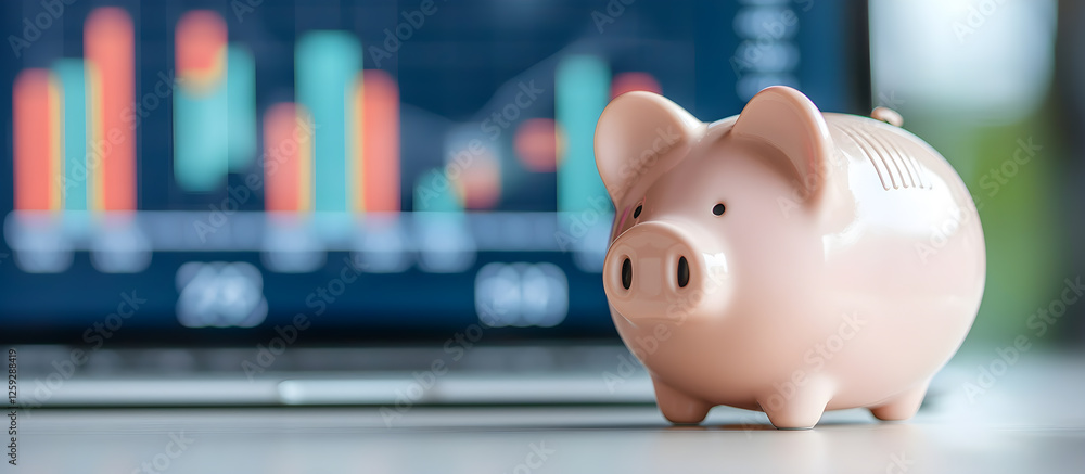 Poster a piggy bank sits on a table next to a computer monitor displaying graphs
