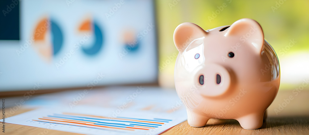 Poster a piggy bank sits on a table next to a graph