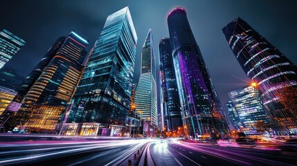 Obraz premium Night Cityscape, Vibrant Towers and Illuminated Streets