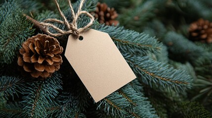 Blank christmas gift tag hanging from a christmas tree branch with pine cones