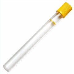 Clear glass test tube with yellow screw cap isolated on white background for laboratory and scientific purposes