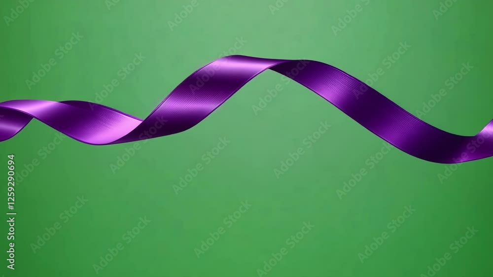 Poster purple satin ribbon flowing and waving with elegance on a solid green screen background, creating a 
