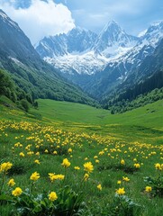 Fototapeta premium Majestic Snow-Capped Peaks Overlook a Vibrant Meadow Filled with Yellow Flowers and Lush Greenery in a Scenic Mountain Valley, Offering a Tranquil Vista