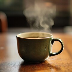 Steaming cup of tea on wooden table. (1)