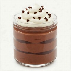 A layered chocolate mousse dessert topped with whipped cream and chocolate shavings in a clear glass.