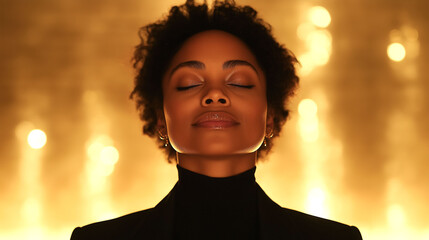 Serene Black Woman in Golden Light, Eyes Closed