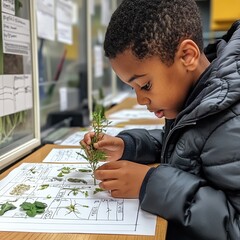 Child examining plants in educational setting.