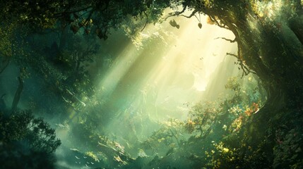 Obraz premium Enchanted Forest with Sunlight Filtering through Trees and Lush Green Plants Creating a Magical Atmosphere