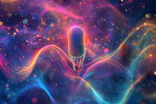 Floating neon mic surrounded by abstract swaying light streaks creating a serene podcast feel