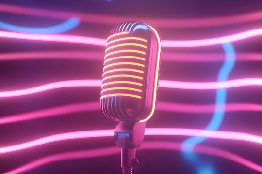 Floating neon mic surrounded by abstract swaying light streaks creating a serene podcast feel