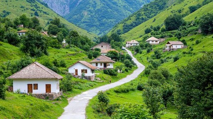 Winding road through green mountain village