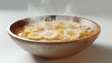 A bowl of steaming hot oatmeal, honey drizzle, banana slices, cozy atmosphere, soft light, 3D render, isolated on white background