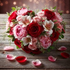 A beautifully arranged heart-shaped bouquet made of red roses, pink peonies, and white lilies, placed on a rustic wooden table. The petals are delicate, with a few gently falling around the bouquet.