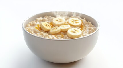 A bowl of steaming hot oatmeal, honey drizzle, banana slices, cozy atmosphere, soft light, 3D render, isolated on white background