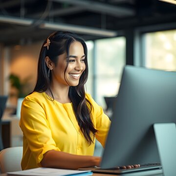 Una mujer hispana que trabaja en una computadora en una oficina. Tiene el cabello mojado hacia un lado. Lleva una horquilla con clase. Lleva una blusa amarilla.
