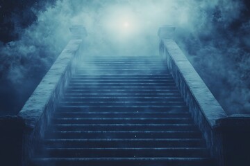 Fototapeta premium A soft-focus image of a staircase leading upward into a darkened space, with only faint light visible at the top, symbolizing the daunting climb of self-improvement and emotional healing. 
