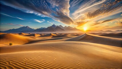 Naklejka premium Golden Hour Desert Landscape Sun Setting Behind Majestic Mountains and Rolling Sand Dunes