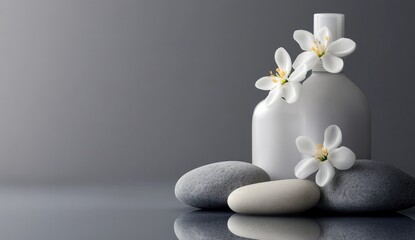 Serene Spa Still Life: White Bottle, Blossoms, and Stones