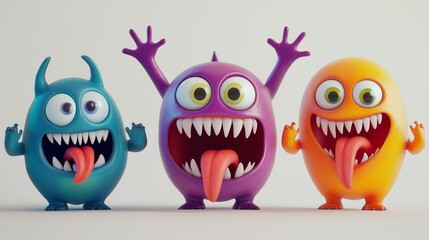 Three different colored cartoon monsters. Colorful halloween monster in 3d. Kawaii cartoon funny and scary. Three cartoon monsters of lifestyle various colors.