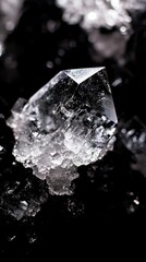 Close-up of a sparkling crystal formation resting on dark mineral background, showcasing natural beauty