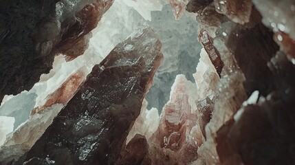 Stunning view of crystalline formations rising from the ground in a natural cave, with light filtering through