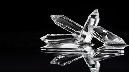 Crystal formations reflecting light on a black surface, showcasing intricate shapes and textures