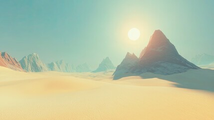 Serene desert landscape at sunrise with distant mountains and soft sand dunes in the foreground