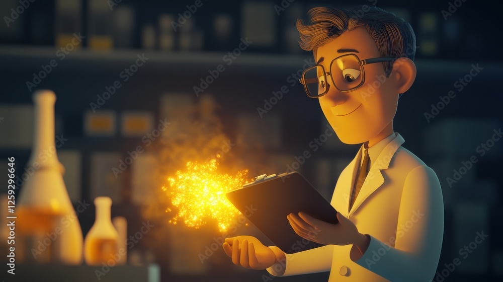 Poster cheerful scientist conducting experiment with sparkling potion
