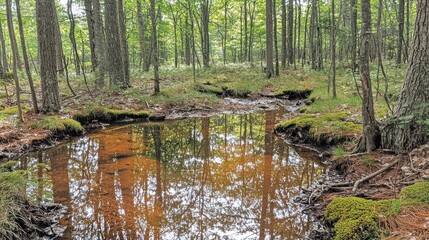 Serene forest scene with a reflective pond surrounded by lush greenery and tall trees
