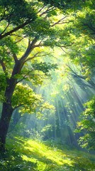 Sunlight filtering through lush green trees in a serene forest, creating a peaceful atmosphere